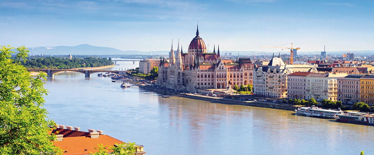 A view towards the Budapest Parliament Building across the Danube River